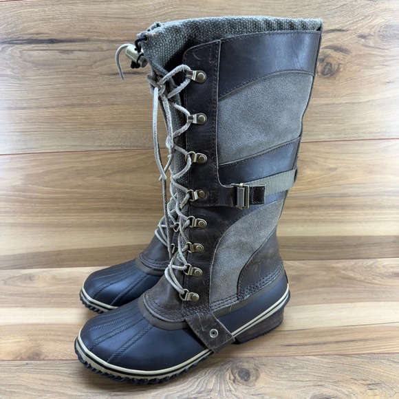 Sorel Conquest Carly Tall Equestrian Boots Womens 9 Brown Taupe Duck Lace up - Picture 1 of 11